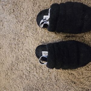 UGG Kids Black Fluffy Slippers